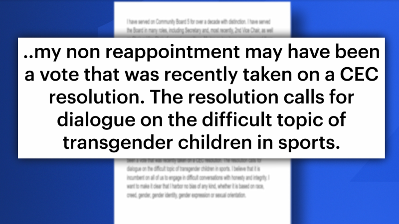 Story image: Controversy erupts as member of Manhattan Community Board 5 claims denial of reappointment over transgender sports resolution