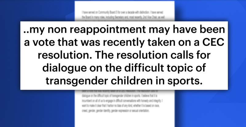 Story image: Controversy erupts as member of Manhattan Community Board 5 claims denial of reappointment over transgender sports resolution