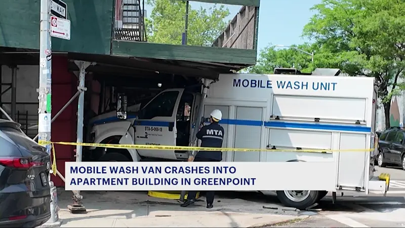 Story image: MTA mobile wash unit truck crashes into Greenpoint apartment building