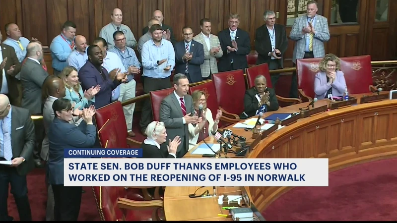 Story image: Sen. Bob Duff recognizes employees who worked on reopening I-95 in Norwalk