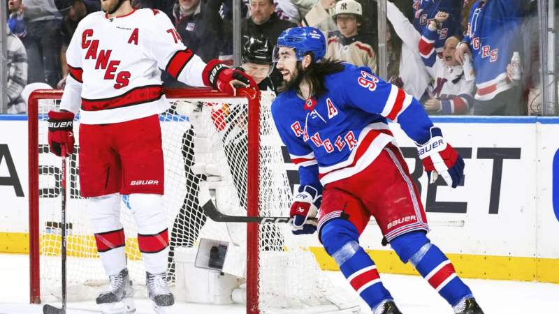 Story image: Zibanejad has 2 goals and 1 assist, Panarin scores as Rangers beat Hurricanes 4-3 in Game 1