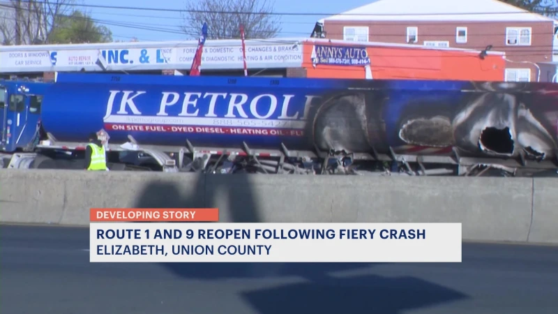 Story image: Fuel tanker and SUV collide in fiery Elizabeth crash; Route 1&9 south reopens