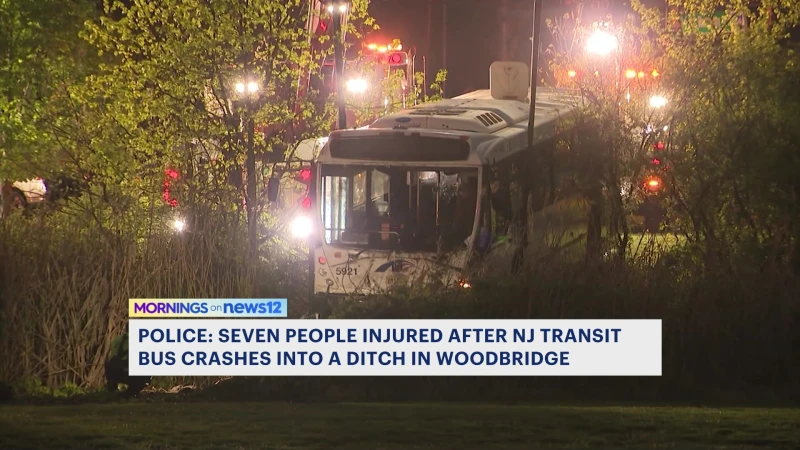 Story image: Police: 7 people injured after NJ Transit bus crashes into ditch in Woodbridge