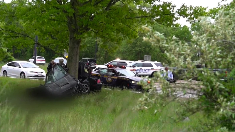 Story image: Car left wrapped around tree in crash on Meadowbrook Parkway