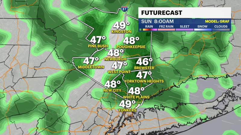 Story image: Steady rain, chilly Sunday in the Hudson Valley; warmer start to workweek