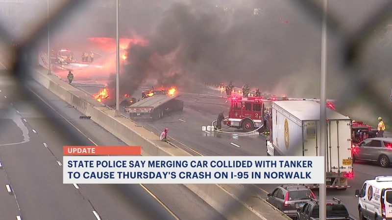 Story image: State police: Merging car collided with tanker to cause I-95 overpass fire 