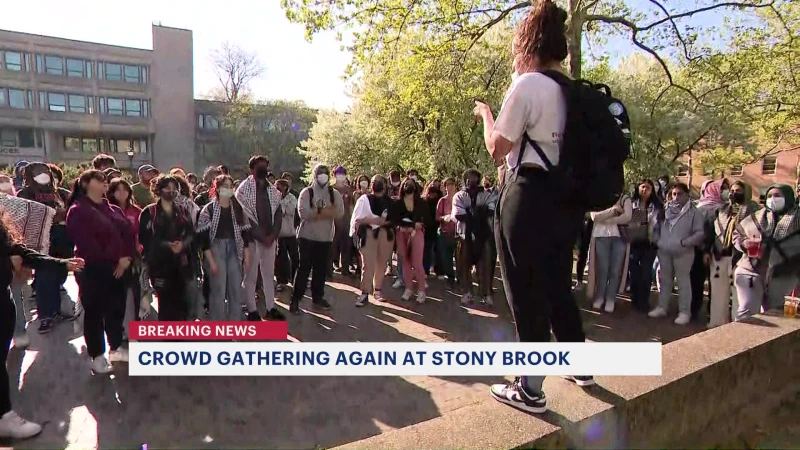 Story image: Crowds again gathers at Stony Brook University following night of 29 arrests during pro-Palestinian protest