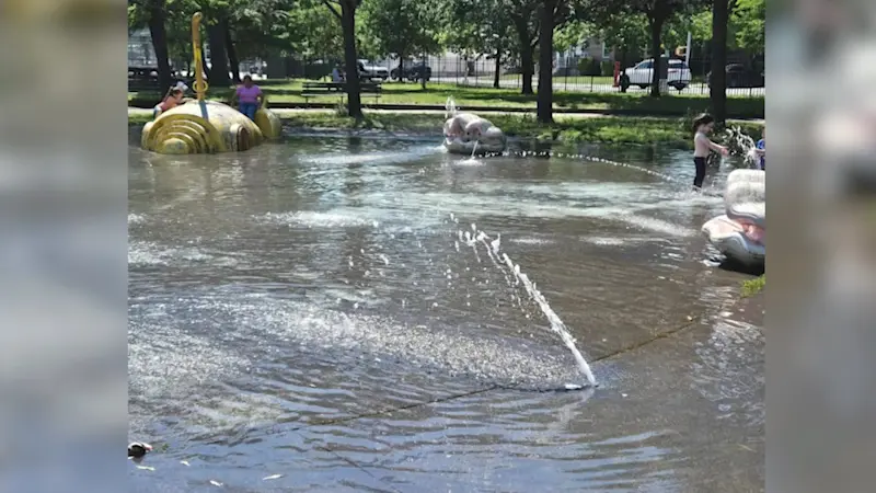 Story image: Marine Park splash pad turns into ‘makeshift pool’ due to clogged drain, as residents demand city action