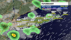 Spotty showers with breezy and warmer conditions today