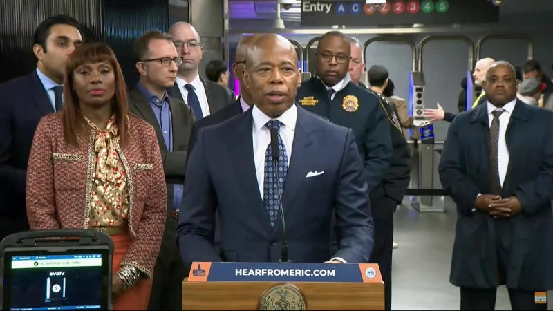 Story image: Mayor Adams, NYPD announce pilot of new electromagnetic technology to detect guns on subways