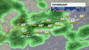 Clouds and showers through the day with highs in the 50s