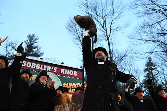 Story image: Punxsutawney Phil sees his shadow, handlers say, predicting 6 more weeks of wintry weather