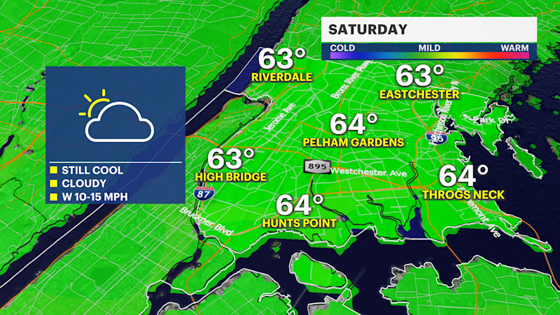 Story image: Cool, cloudy with stray shower chance Saturday for The Bronx