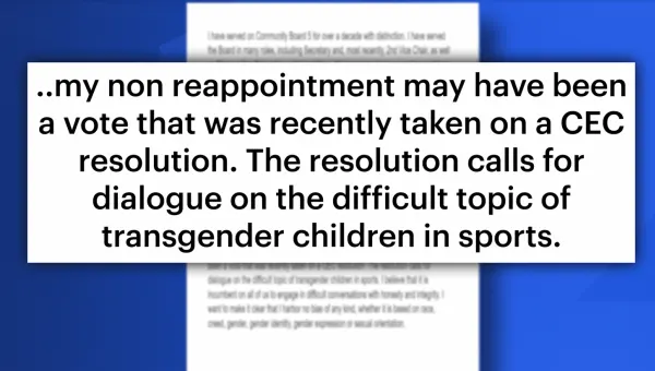 Controversy erupts as member of Manhattan Community Board 5 claims denial of reappointment over transgender sports resolution