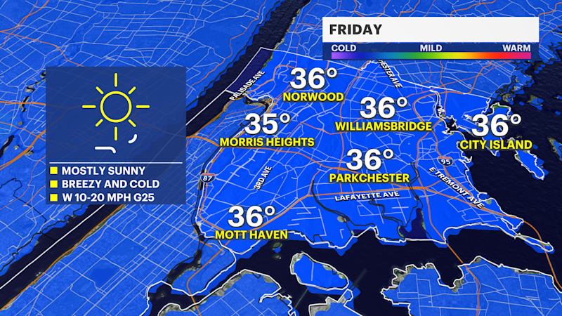 Story image: WIND ALERT: Breezy winds under sunny skies for Friday in The Bronx; chance of weekend snow
