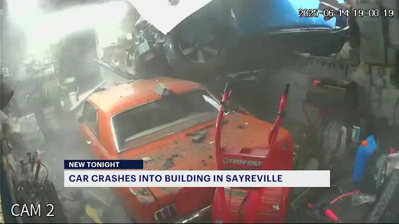 Story image: WATCH: Car crashes into Sayreville autobody shop, sending debris flying