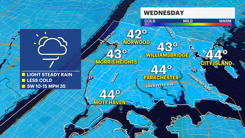 Story image: Rain and wind arrive for Wednesday before Thursday dry out in The Bronx