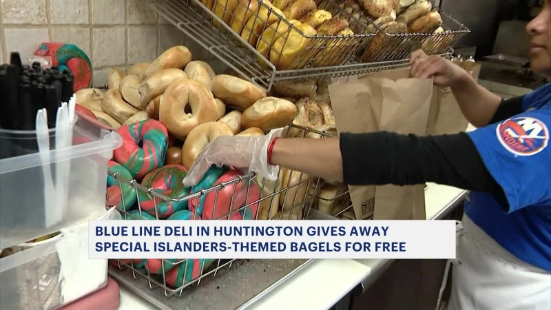 Story image: Huntington’s Blue Line Deli & Bagels gives away free bagels to customers ahead of Islanders postseason