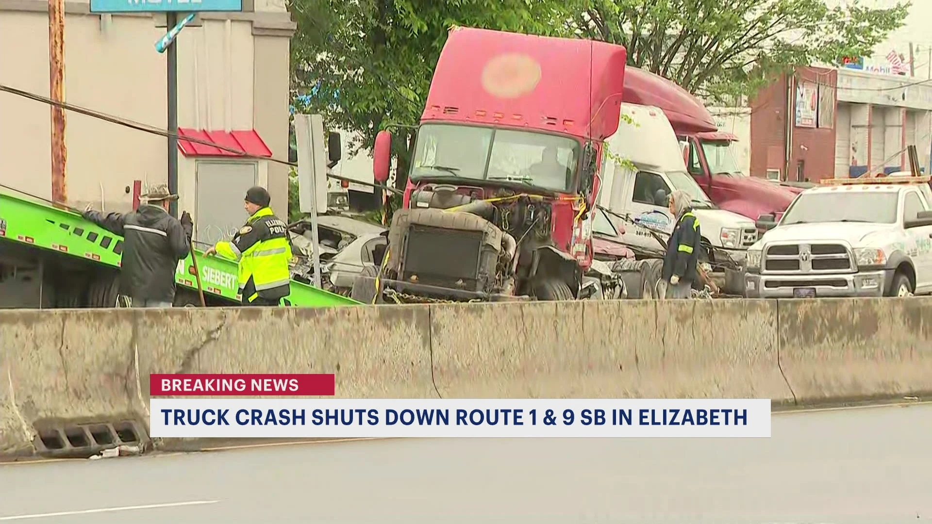 Jackknifed tractor-trailer, fuel spill shuts down portion of southbound Route 1&9 in Elizabeth