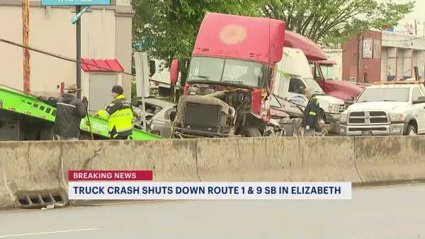 Jackknifed tractor-trailer, fuel spill shuts down portion of Route 1 & 9 south in Elizabeth