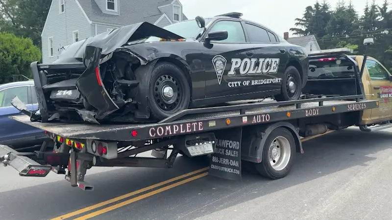 Story image: Bridgeport police officer hospitalized after 2-car crash involving police cruiser