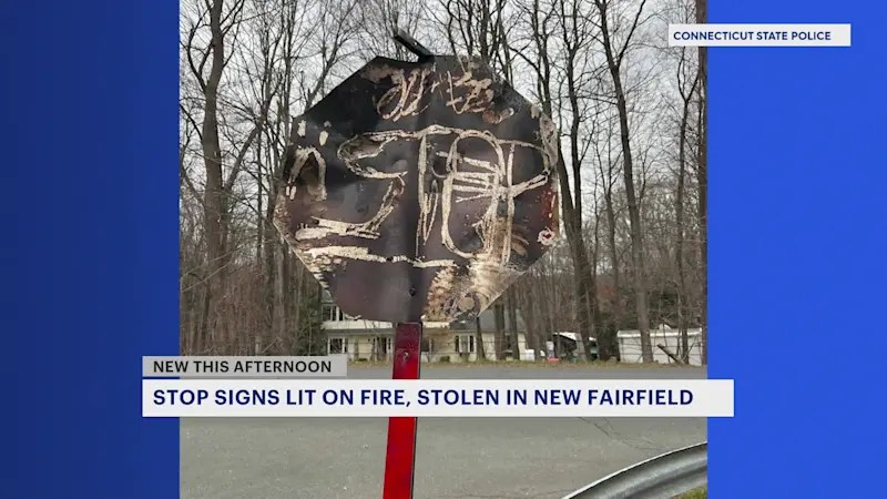 Story image: Stop signs set on fire, stolen in New Fairfield 