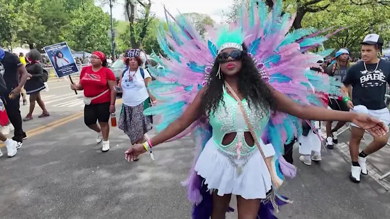 Story image: Suga Candy Mas prepares to dazzle Brooklyn's West Indian Day parade with feathers, gems and Caribbean pride