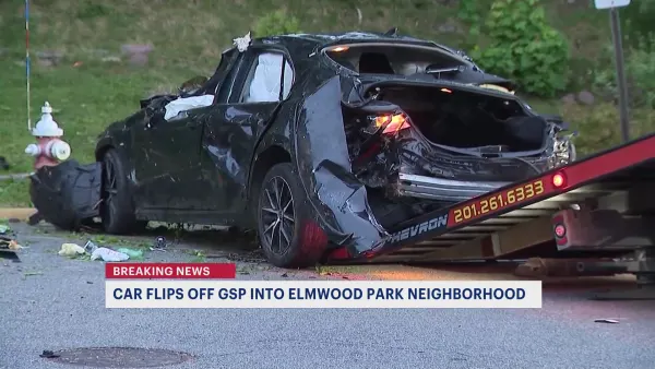 Car flips off Garden State Parkway in Elmwood Park, narrowly misses home; 1 seriously injured
