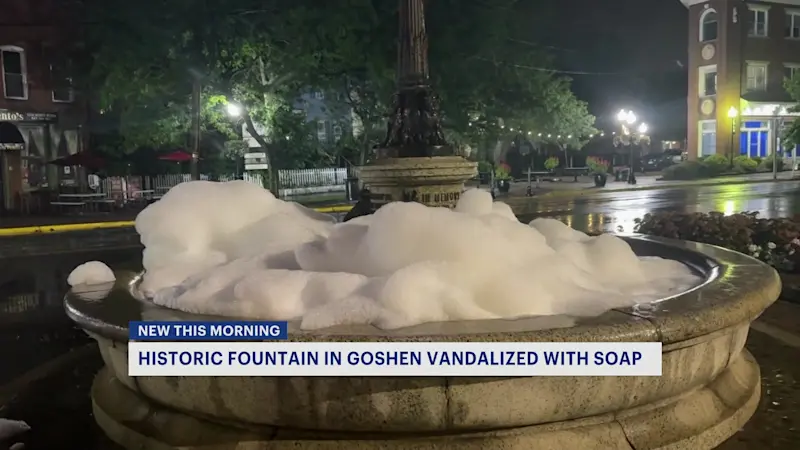 Story image: Suds cover Goshen streets as fountain prank returns with extra foam