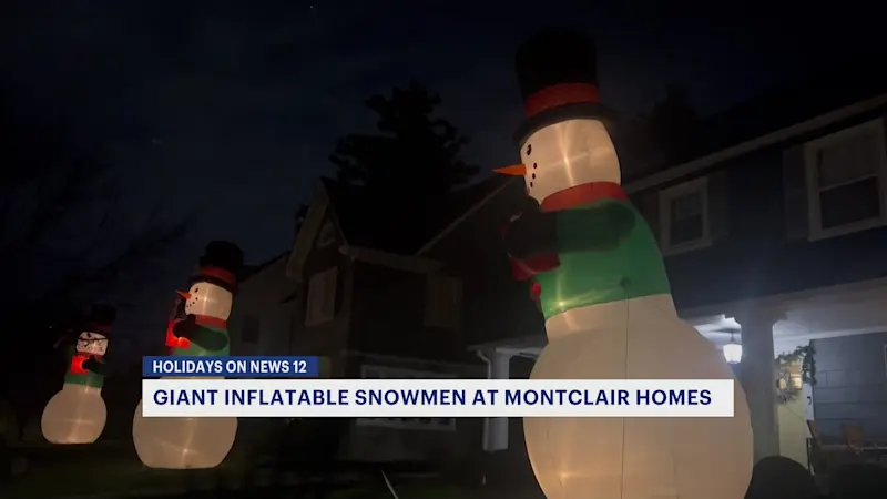 Story image: Street in Montclair taken over by giant inflatable snowmen