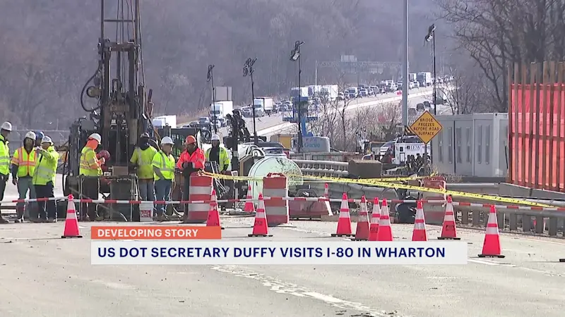 Story image: 'A nasty situation.' Sec. Duffy, Gov. Murphy get updates on I-80 sinkhole repairs