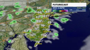 Mix of sun and clouds today in New Jersey with scattered pop-up storms arriving tonight