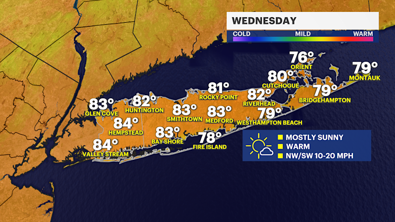 Story image: Sunny and warm Wednesday across Long Island before more scattered showers arrive later this week