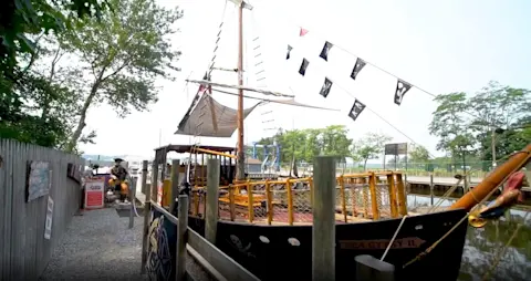 News 12 New Jersey segment image of the Sea Gypsy II pirate ship docked at Waterfront Marina in Brick, NJ
