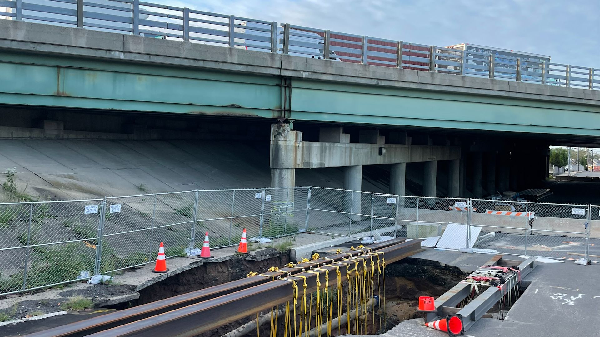 Expanding sinkhole below I78 overpass in Hillside disrupting local