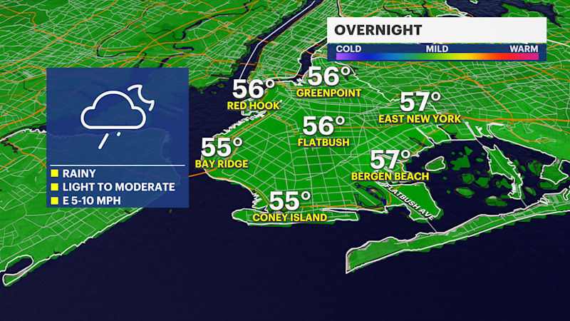 Story image: Rain showers stick around overnight into Thursday in Brooklyn