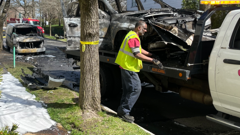 Story image: Fire officials: Car fire, fuel tank explosion gut 2 vehicles in White Plains