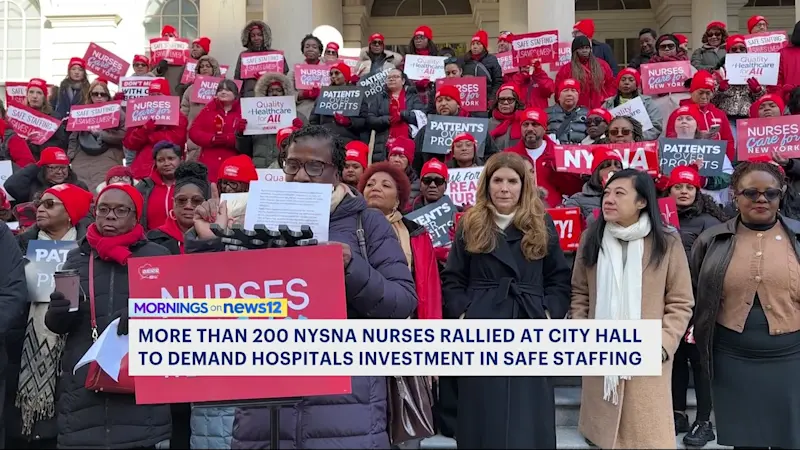 Story image: Over 200 NYSNA nurses rally for safe staffing investments at City Hall