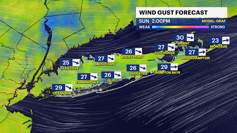 Story image: Windy Sunday on Long Island; warming up on Monday