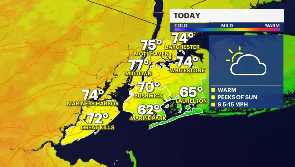 Warm afternoon with peeks of sunshine in New York City; scattered downpours this evening