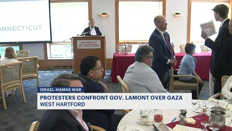 Story image: Pro-Palestinian protesters confront Gov. Lamont, but will it have an impact? 