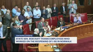 Sen. Bob Duff recognizes employees who worked on reopening I-95 in Norwalk