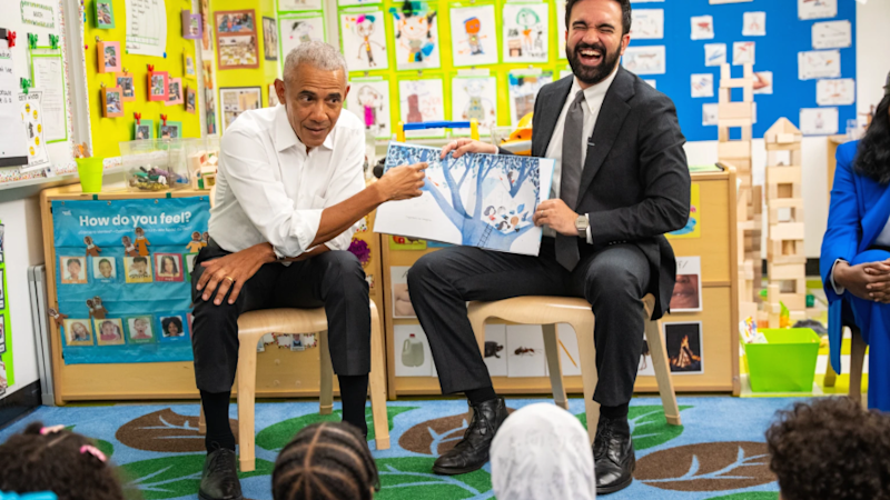 Story image: Obama meets Mamdani at Bronx child care center before reading to preschoolers