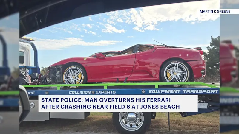 Story image: Ferrari driver loses control of vehicle at Jones Beach