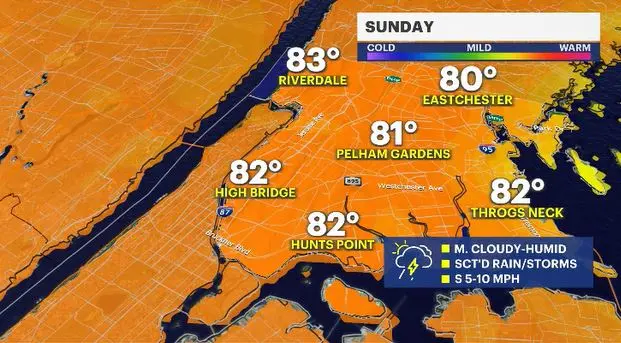 Story image: Humid, isolated storms Sunday in The Bronx