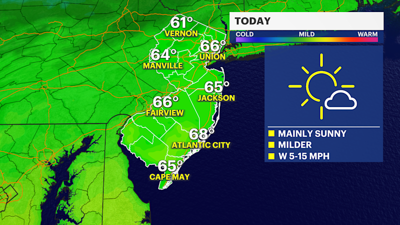 Story image: Mostly sunny skies today in New Jersey; wet weather arrives tomorrow