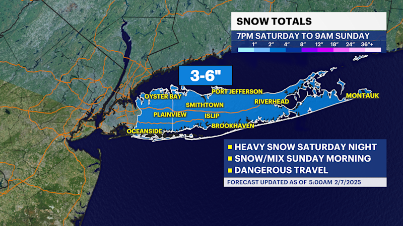 Story image: STORM WATCH: Storm to bring 3-6 inches of snow starting Saturday night for Long Island