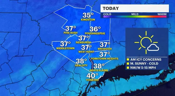 Story image: Mostly sunny but chill today, feels-like temps in the single digits Friday