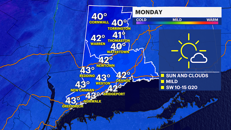 Story image: Sunny and mild Monday in Connecticut; chill returns Tuesday