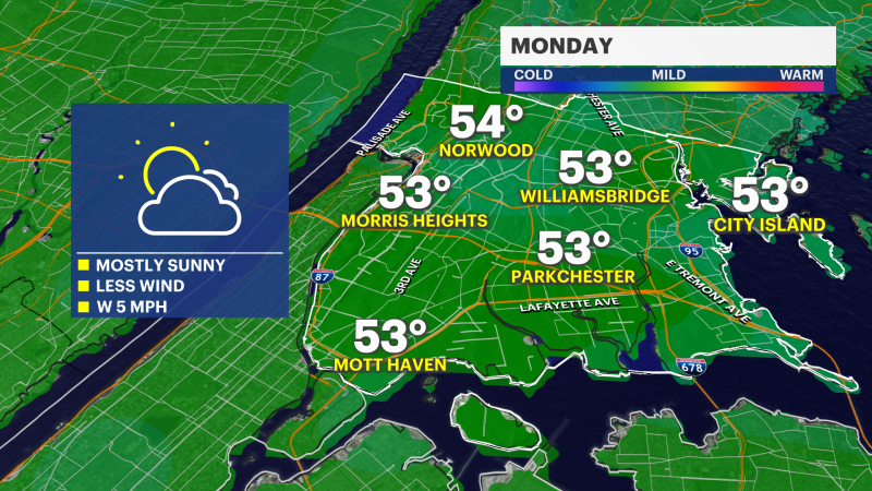 Story image: Sunny, less windy Monday in the Bronx; overnight rain into Tuesday